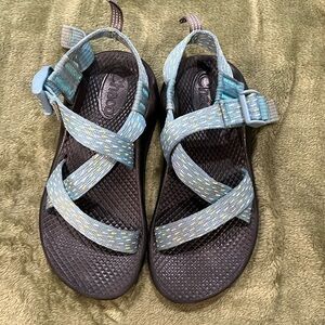 Chaco size one children’s sandals, teal blue and yellow
